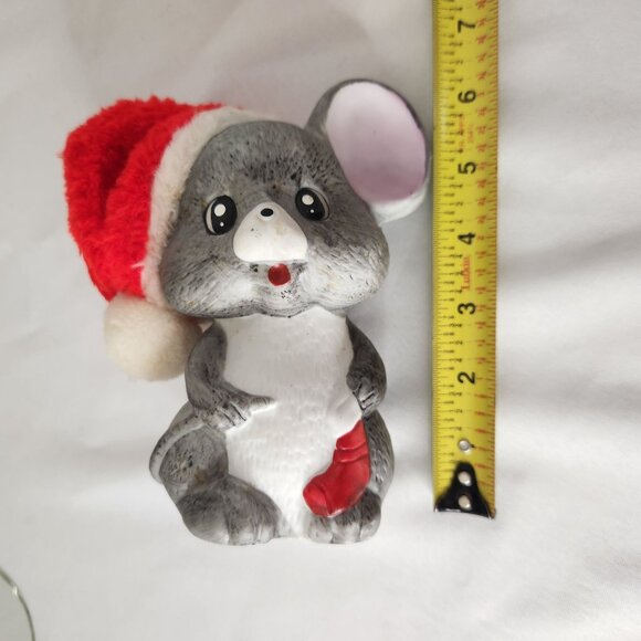Vintage Light-Up Mouse Figurine with Santa Hat & Stocking Holiday Decor 6" H - Picture 7 of 8